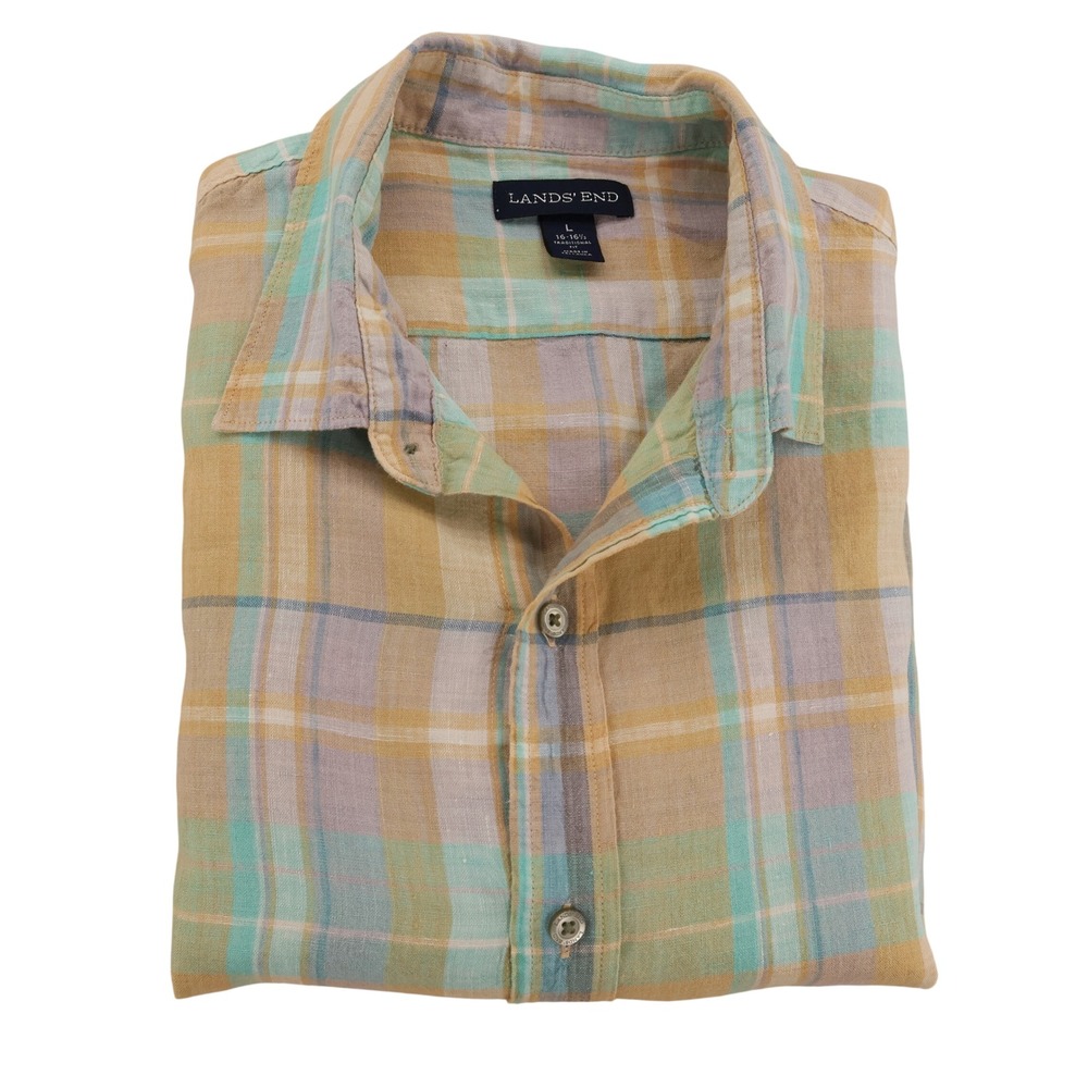 Lands End Mens Large 100% Linen Short Sleeve Button Down Plaid Shirt Yellow Teal - Picture 2 of 7